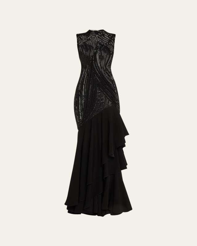 The Beaded Tulle Ruffle Draped Gown